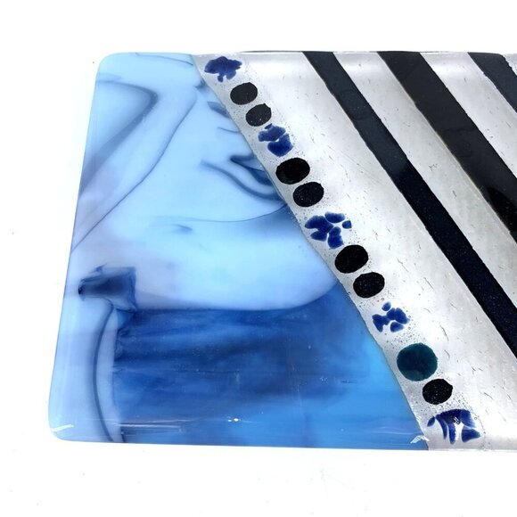 Dos Sirenas Fused Glass Plate Serving Tray Footed 12 x 6" Blue White Black 2016 - Picture 2 of 9